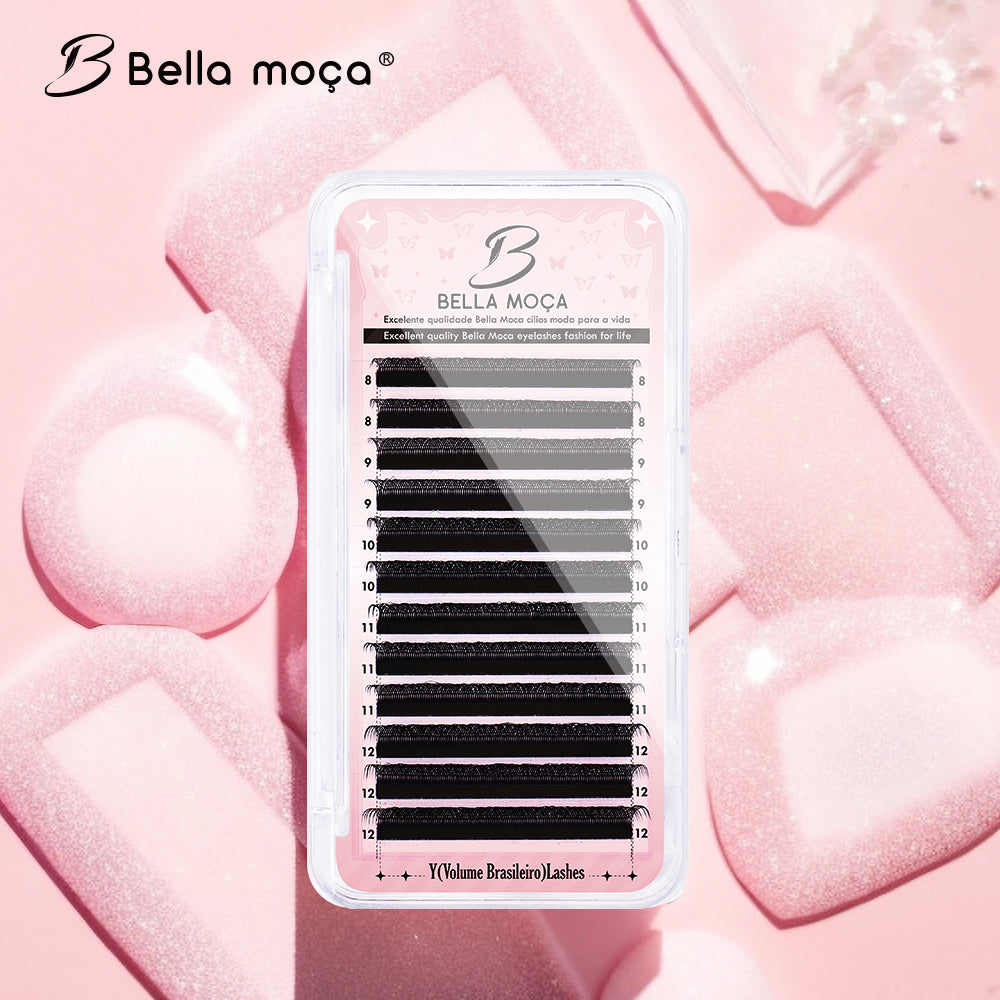 10Pcs Cílios Bella Moça YY D 0.07mm - Volume Natural no Estilo Brasileiro, Cor Preta